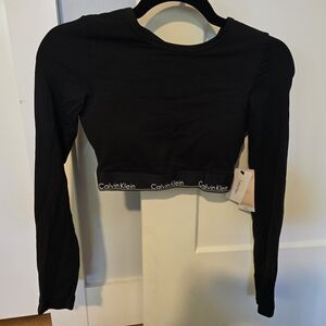 Calvin Klein Black Long Sleeve Crop Top with Logo Band